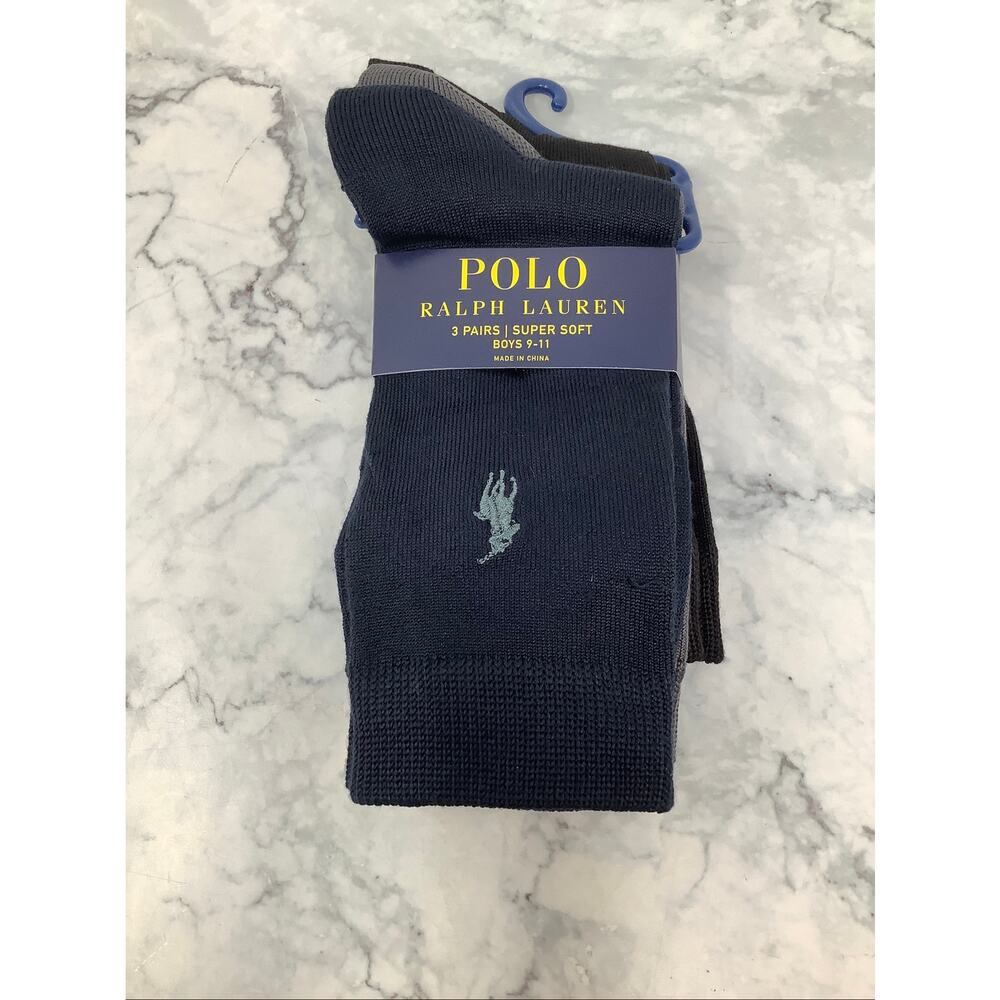 Polo Ralph Lauren Boys 9-11 Assorted 3 Pack Classic Super Soft Crew Socks OS9-33 - Picture 2 of 6